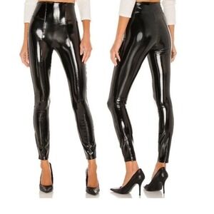 SPANX Faux Patent Leather Leggings  Shiny Vinyl Black Seamed Size Large NICE!!